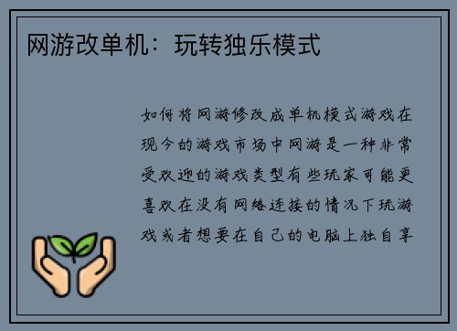 网游改单机：玩转独乐模式