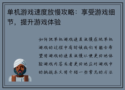 单机游戏速度放慢攻略：享受游戏细节，提升游戏体验