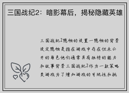 三国战纪2：暗影幕后，揭秘隐藏英雄
