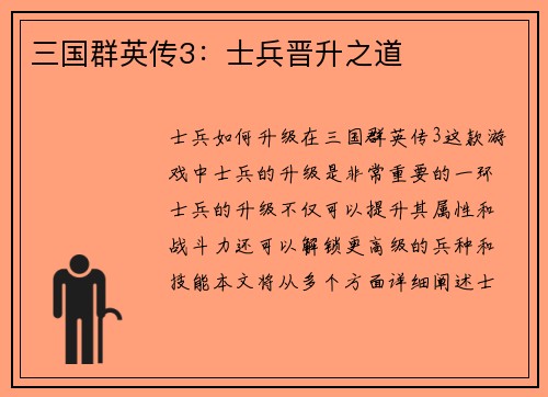 三国群英传3：士兵晋升之道