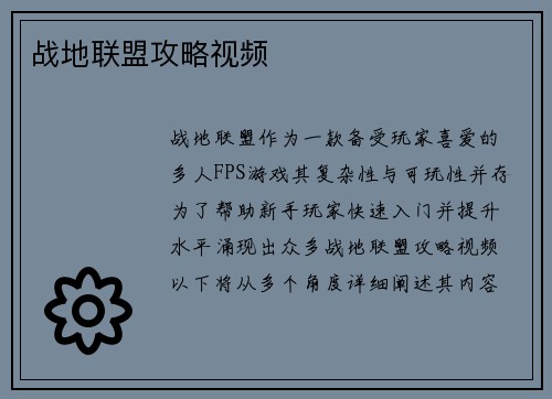 战地联盟攻略视频