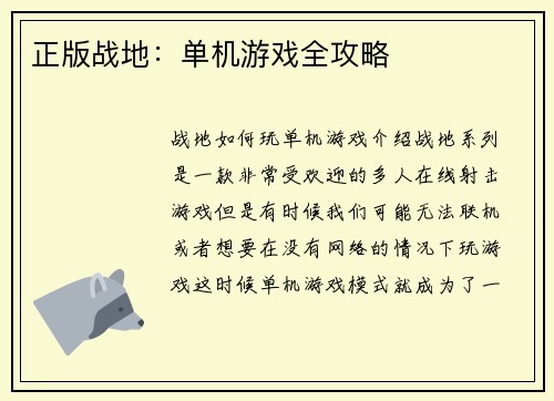 正版战地：单机游戏全攻略